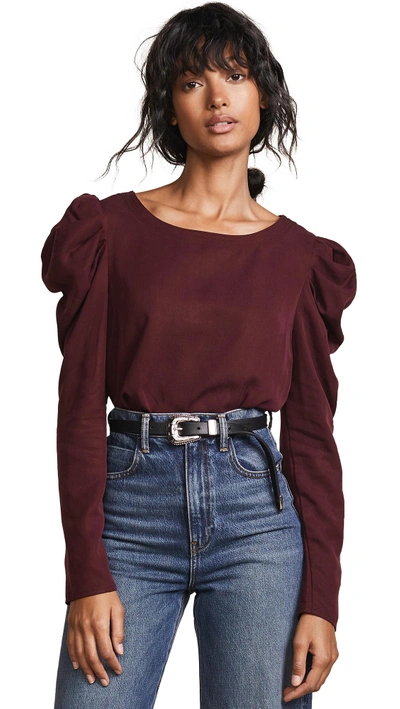 Three Dots Long Sleeve Top With Puff Sleeve In Port Wine