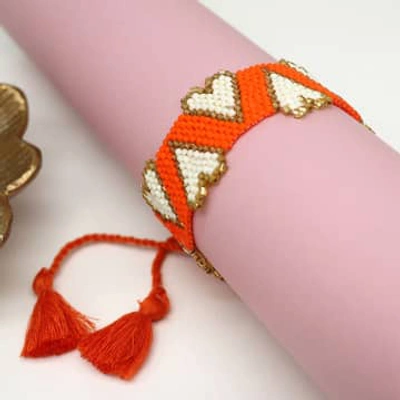 Pom Boutique Hearts Beaded Ribbon Bracelet | Orange & White