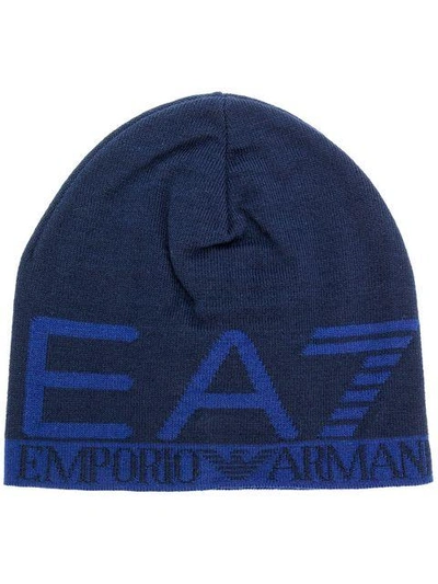 Ea7 Logo Knit Cap In Blue