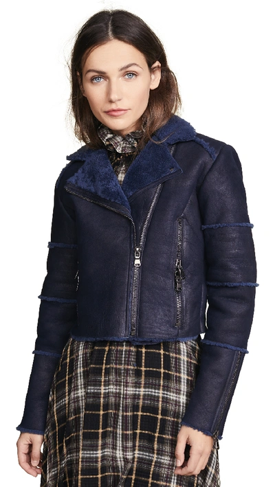 J Brand Aiah Lambskin Leather Moto Jacket With Genuine Shearling Trim In Washed Navy