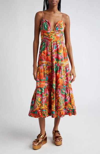 Farm Rio Beaded Floral Tiered Cotton Midi Dress In Multi