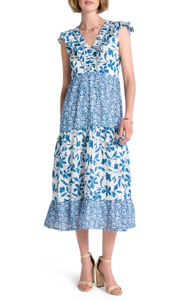 Hatley Aria Mixed Print Tiered Midi Dress In White/blue