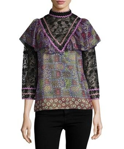 Anna Sui Garden Border Silk Mock Neck Blouse In Nocolor