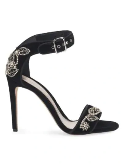 Alexander Mcqueen Floral-embroidered Ankle-strap Sandals In Black Silver