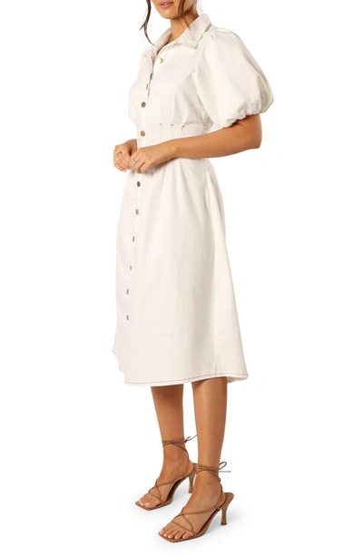 Petal And Pup Sollie Puff Sleeve Stretch Denim Shirtdress In White