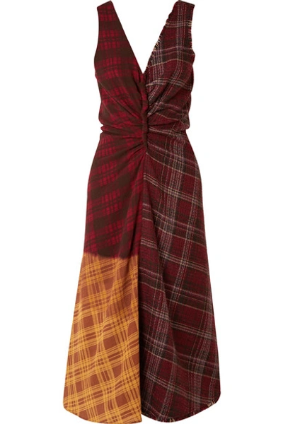 Acne Studios Patchwork Checked Wool-tweed And Crepe Dress In Burgundy