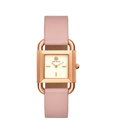 Tory Burch Phipps Watch, Pink Leather/rose Gold-tone, 29 X 42 Mm In Rose Gold/blush