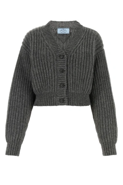 Prada Dark Grey Cashmere Blend Cardigan In Gray