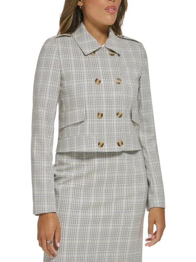 Calvin Klein Womens Plaid Cropped Double-breasted Blazer In Grey
