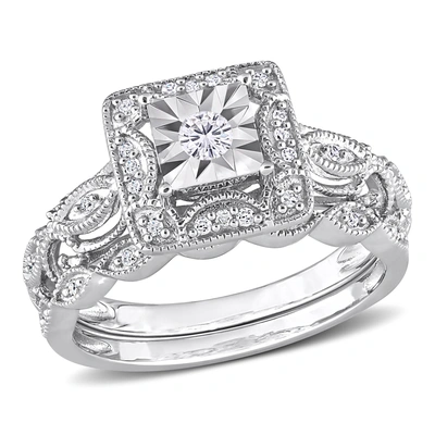 Mimi & Max 1/5ct Tdw Diamond Square Halo Bridal Ring Set In Sterling Silver In White