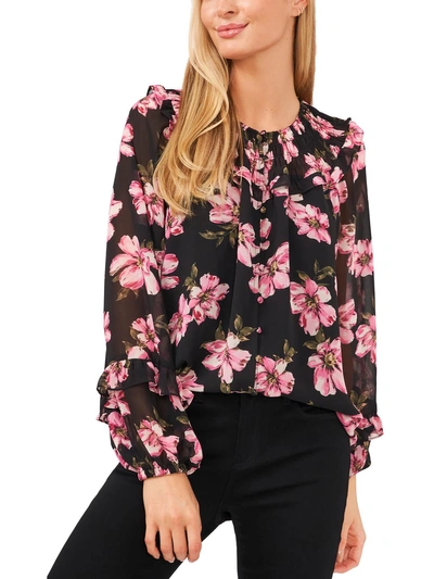 Cece Womens Floral Print Smocked Blouse In Black