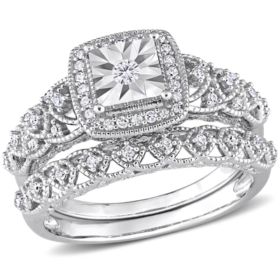 Mimi & Max 1/3ct Tdw Diamond Square Halo Bridal Ring Set In Sterling Silver In White
