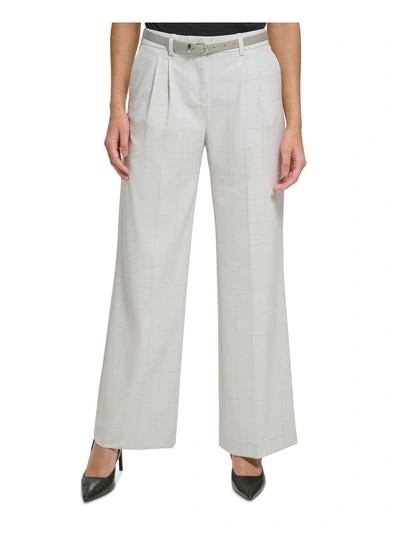 Calvin Klein Petites Womens Window Pane Pattern Belted Trouser Pants In White