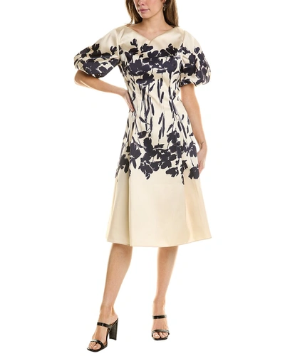 Teri Jon By Rickie Freeman Border Print Mikado Fit A-line Dress In Beige