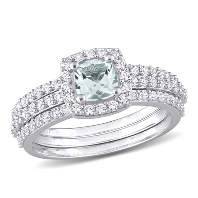 Mimi & Max 1 1/3ct Tgw Aquamarine And Created White Sapphire Bridal Three-ring Set In Sterling Silver In Blue