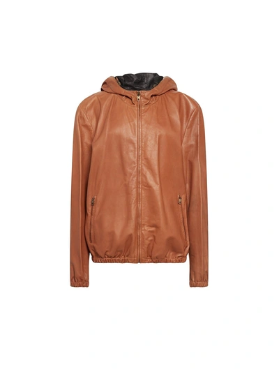 Dolce & Gabbana Leather Hooded Jacket In Brown