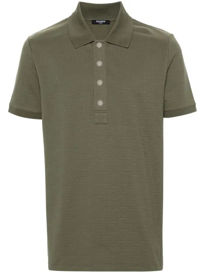 Balmain Jacquard Cotton Polo Shirt In Green