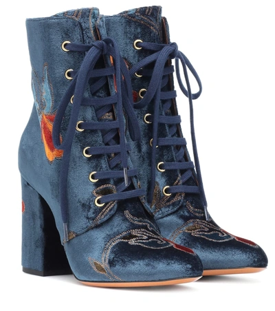 Etro Embroidered Velvet Ankle Boots In Blue