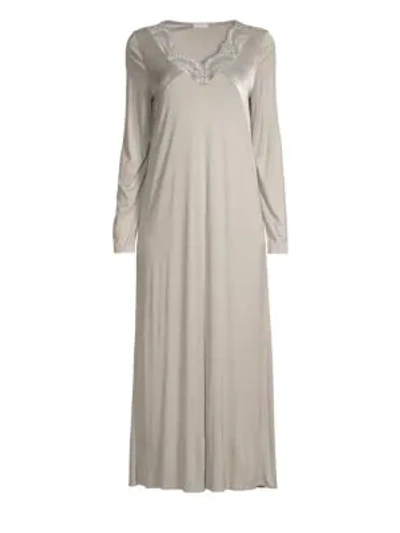 Hanro Ava Velvet Long-sleeve Night Gown In Silver