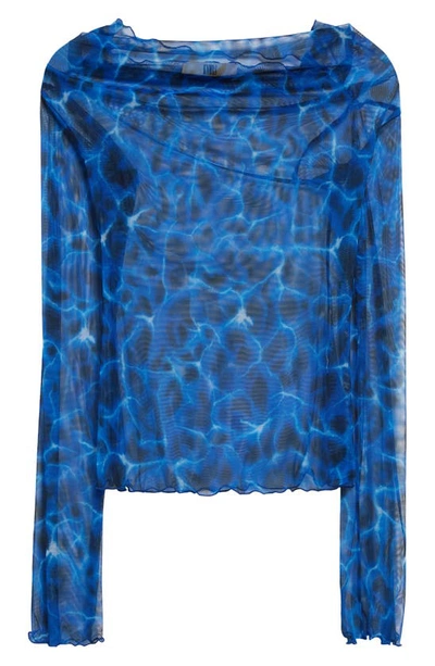 Knwls Sheer Embroidered Long Sleeve Mesh Top In Aqua Leo
