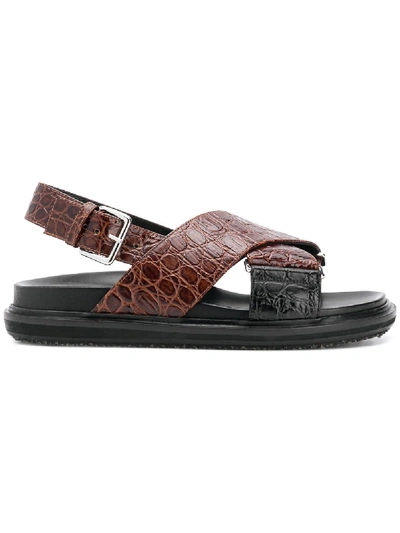 Marni Fussbett Crocodile-effect Leather Sandals In Coffee+black