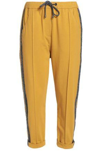 Brunello Cucinelli Woman Striped Wool-trimmed Cotton-blend Terry Track Pants Mustard
