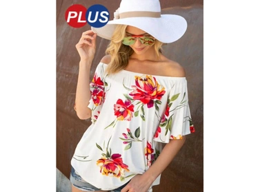 E. Luna Off Shoulder Floral Print Ruffle Top In White