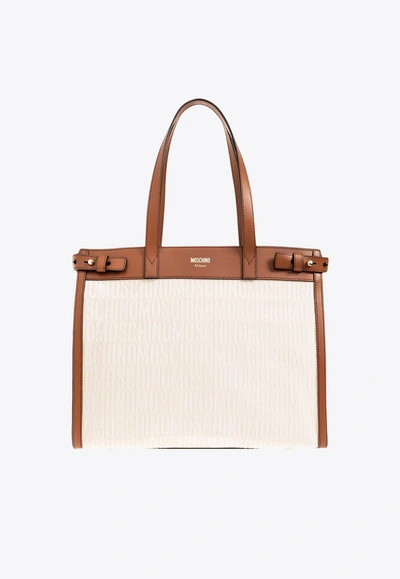 Moschino All-over Logo Tote Bag In Beige