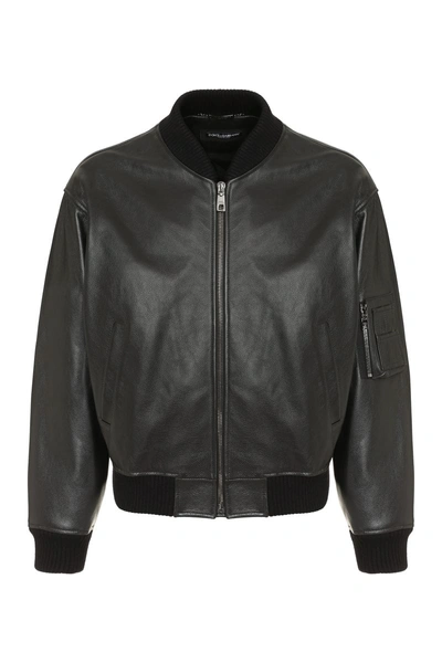 Dolce & Gabbana Men's Leather Jacket With Ribbed Knit Details In Black