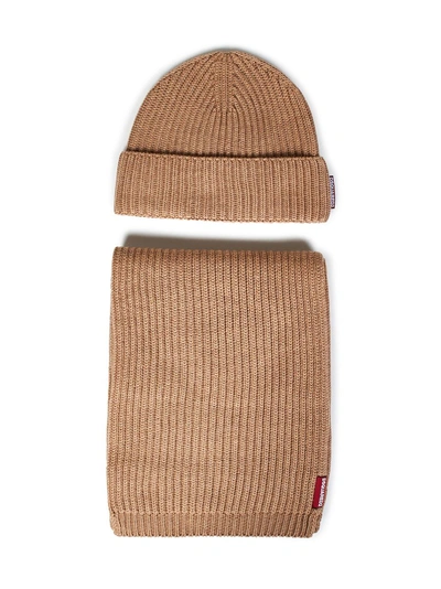 Dsquared2 Warmy Camel Beanie+scarf Set In Beige