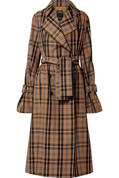 Rokh Oversized Tartan Gabardine Trench Coat In Camel