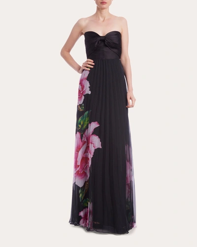 One33 Social Women's Floral Graphic Pleated Chiffon Strapless Gown In Black