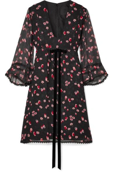 Anna Sui Tossed Tulips Printed Crinkled Silk-chiffon Mini Dress In Black