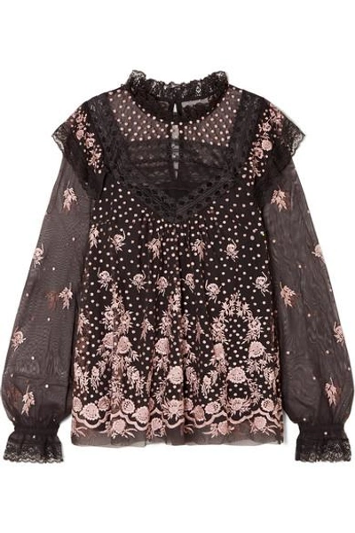 Needle & Thread Eclipse Lace-trimmed Embroidered Tulle Blouse In Charcoal