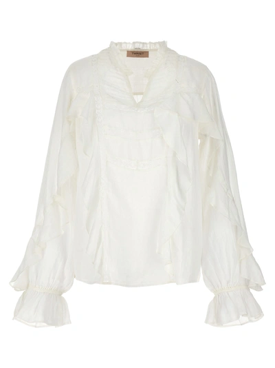 Twinset Embroidery Ruffle Blouse Shirt, Blouse White