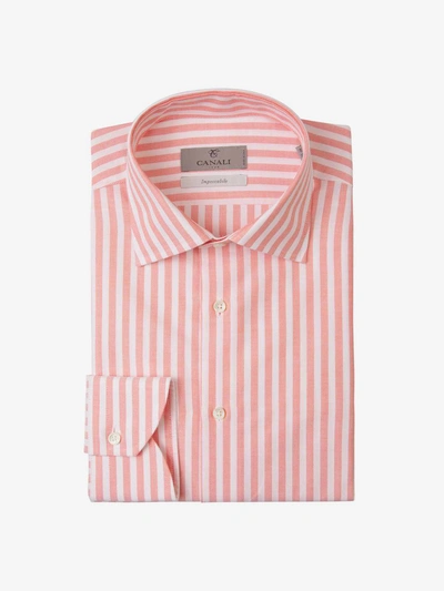 Canali Striped Motif Shirt In White And Salmon