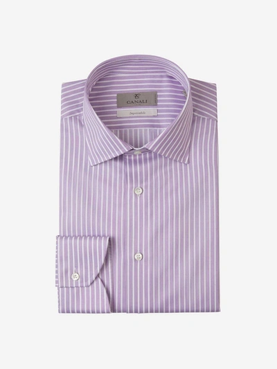 Canali Striped Motif Shirt In White And Purple