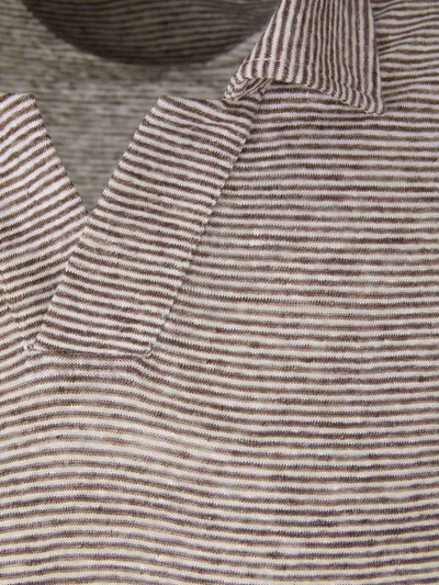 Fedeli Striped Motif Linen Polo Shirt In Dark Brown And White