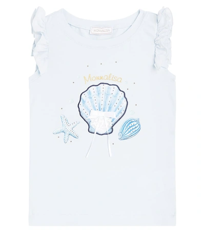 Monnalisa Kids' Printed Ruffled Cotton Jersey Top In Blue