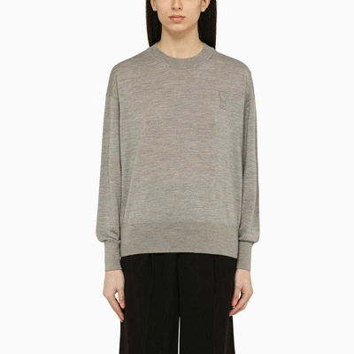 Ami Alexandre Mattiussi Wool Crew Neck Sweater With Ribbed Cuffs In Grey