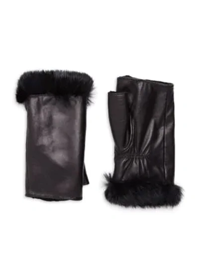 Glamourpuss Rabbit Fur Trim Fingerless Leather Gloves In Black