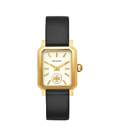 Tory Burch Robinson Watch, Black Leather/gold-tone, 27 X 29 Mm In Gold/black