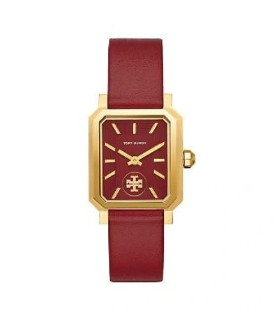 Tory Burch Robinson Watch, Red Leather/red/gold-tone, 27 X 29 Mm In Gold/phonebox