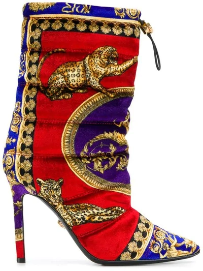 Versace Leopard Motif Padded Ankle Boots In Red