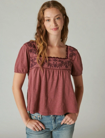 Lucky Brand Women's Overdyed Embroidered Peasant Top In Pink