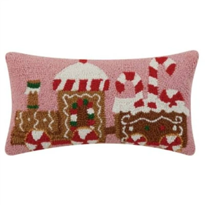 Peking Handicraft 16"x9" Gingerbread Train With Candy Cane Swirls Hook Pillow In Pink