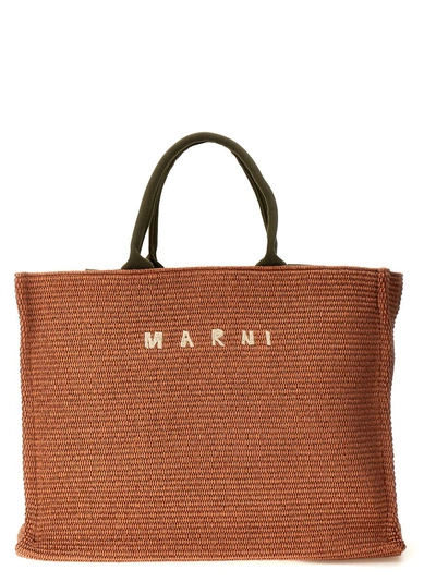Marni Large Shopping Bag With Logo Embroidery In Beige