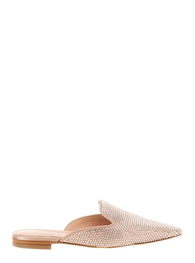 Alberta Ferretti Strass Satin Mules In Beige