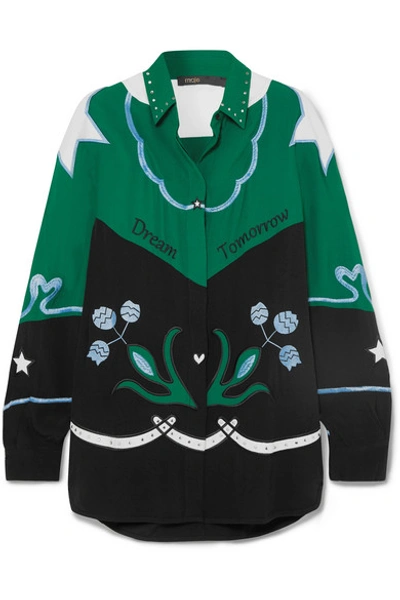 Maje Cloevi Embroidered Color-blocked Shirt In Green