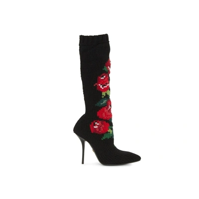 Dolce & Gabbana Wool Flower Boots In Black